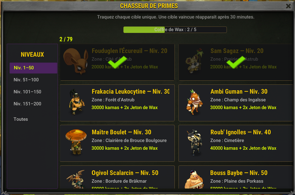 Cazador de recompensas y progreso del Cofre de Wax